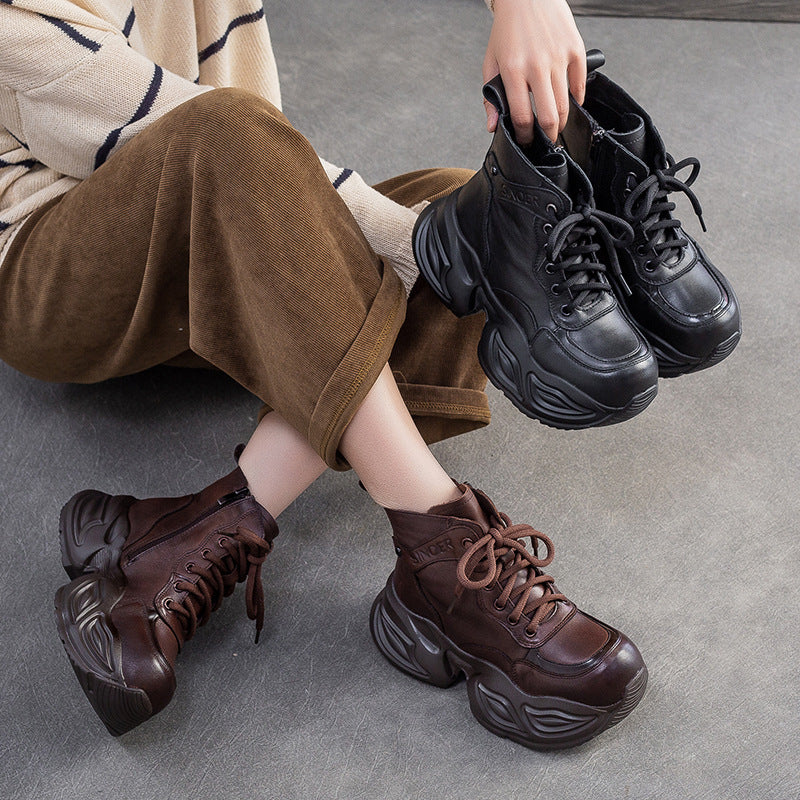 Women's Vintage Leather Chunky Platform Boots-RAIIFY