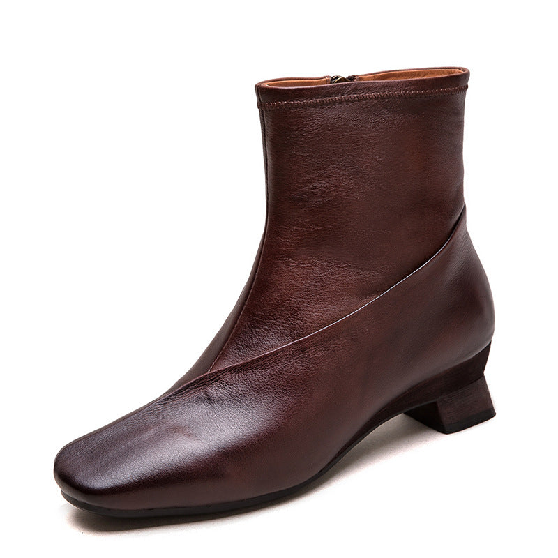 Women's Retro Plain Leather Casual Low Block Boots-RAIIFY