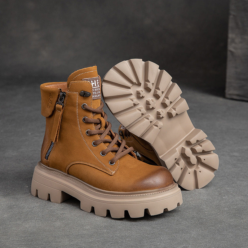 Women Retro Classic Solid Leather Work Casual Boots-RAIIFY