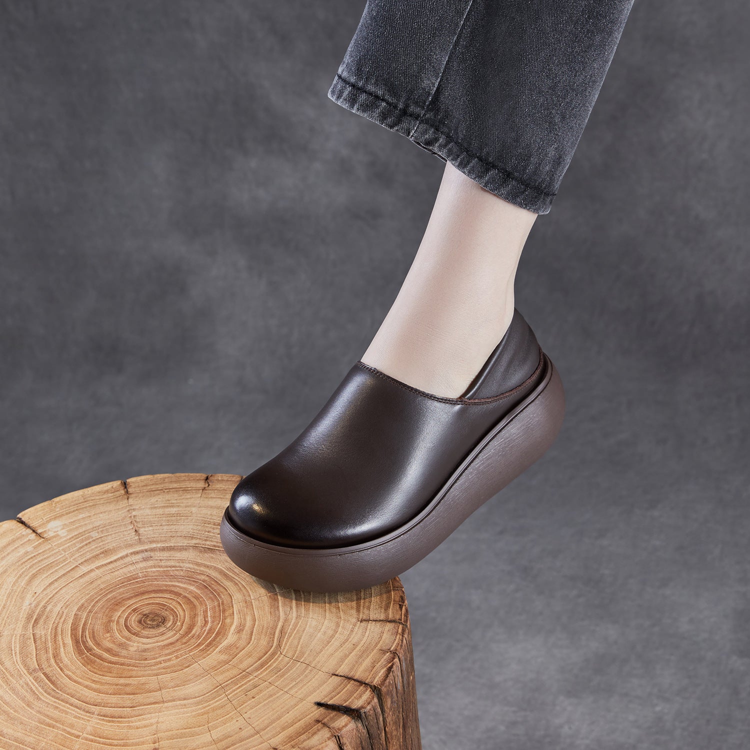 Women's Retro Plain Leather Casual Platform Shoes-RAIIFY