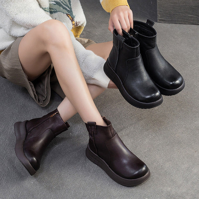 Women's Minimalist Plain Leather Furred Ankle Snow Boots-RAIIFY