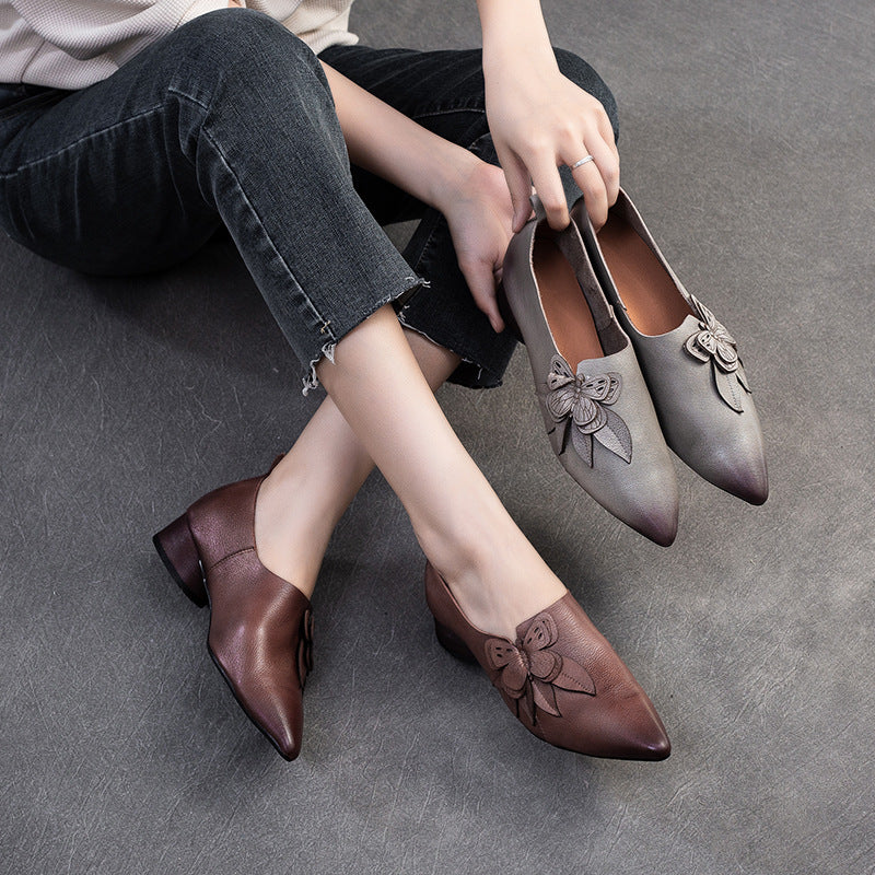 Women Retro Soft Leather Low Block Pumps-RAIIFY