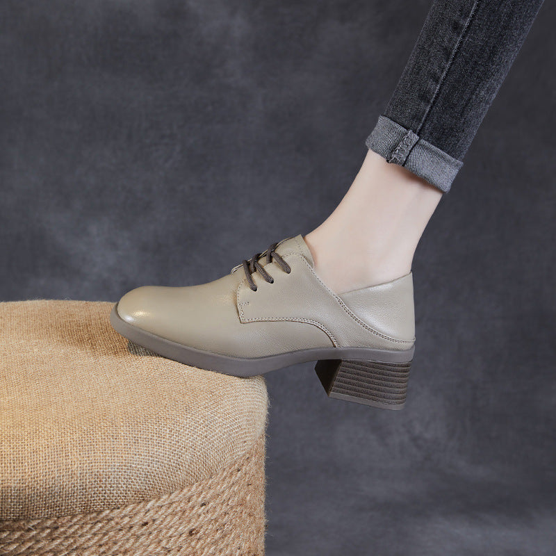 Women Minimalism Soft Sheepskin Chunky Heel Casual Shoes-RAIIFY