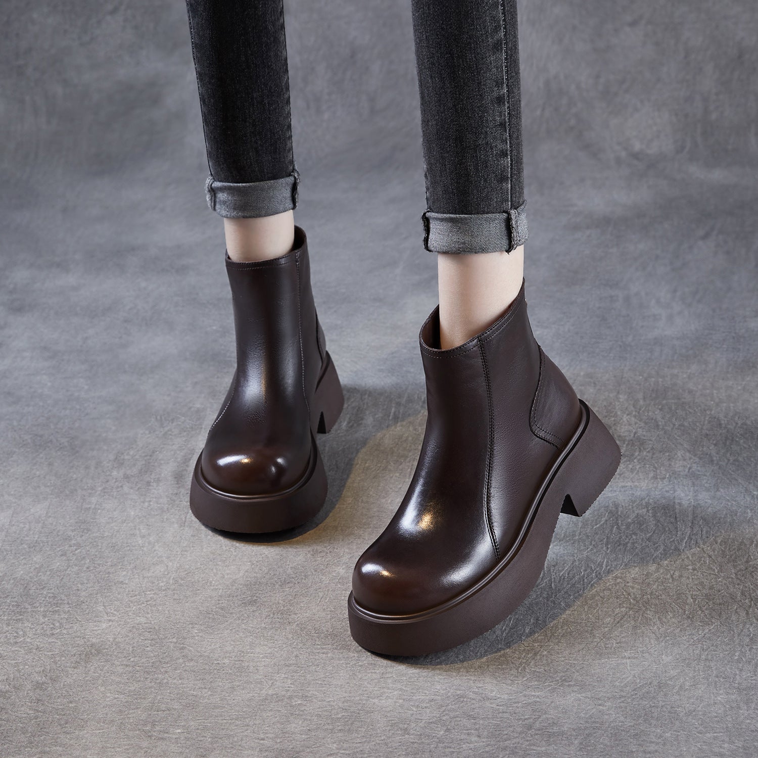 Women's Retro Plain Leather Ankle Platform Boots-RAIIFY