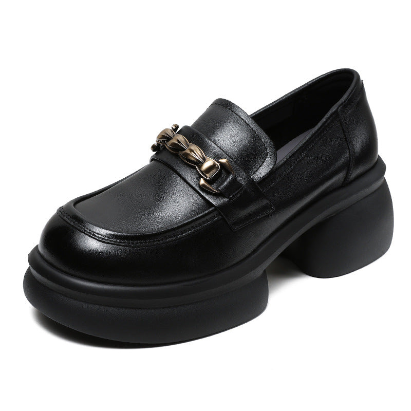 Women Retro Chain Leather Chunky Platform Loafers-RAIIFY