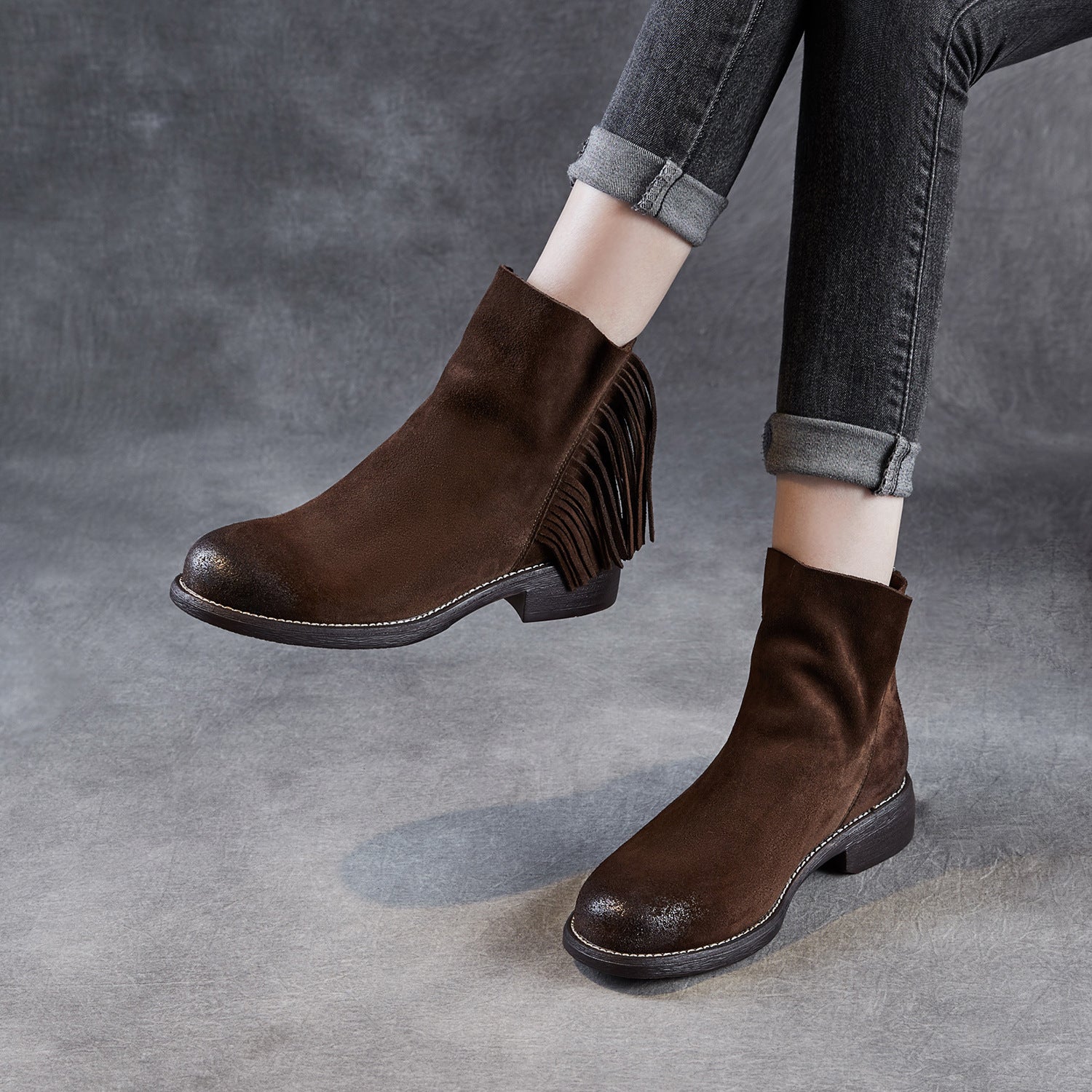 Women's Retro Plain Suede Tassels Ankle Boots-RAIIFY