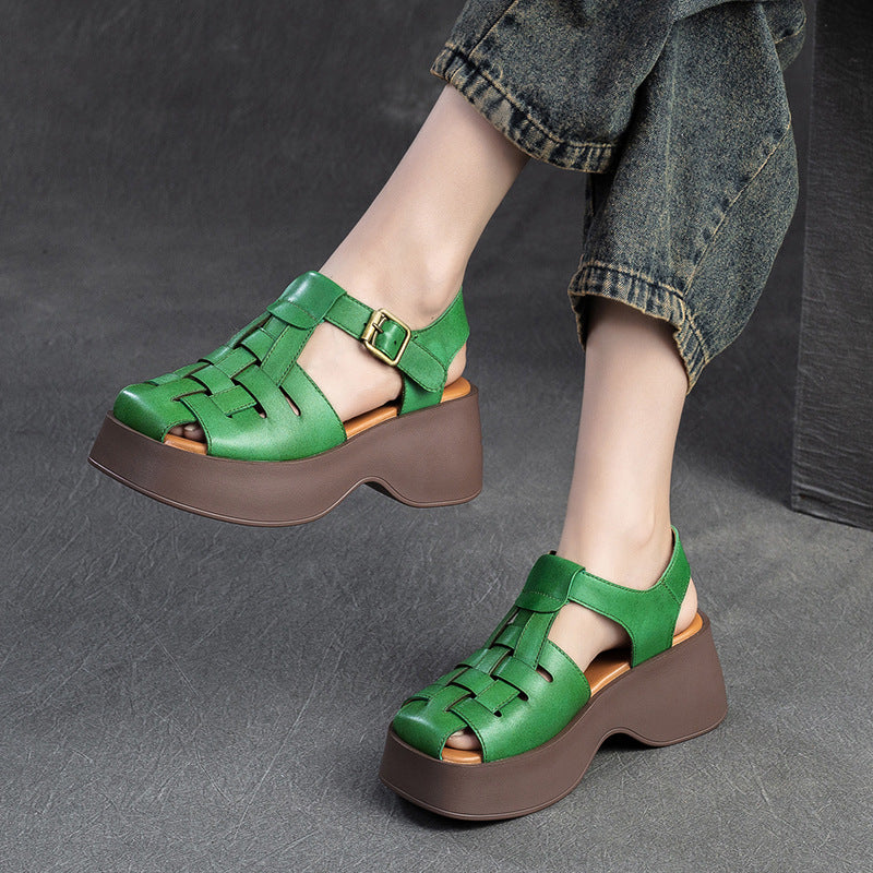 Women Summer Handmade Plaited Leather Platform Sandals-RAIIFY