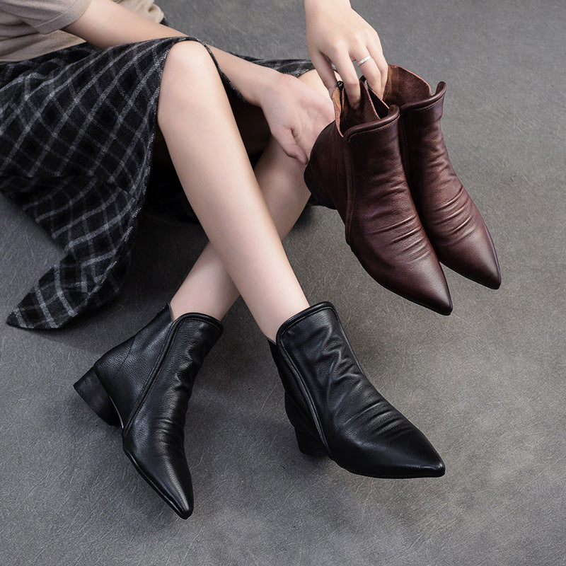 Women's Vintage Soft Leather Pointed Toe Ankle Boots-RAIIFY