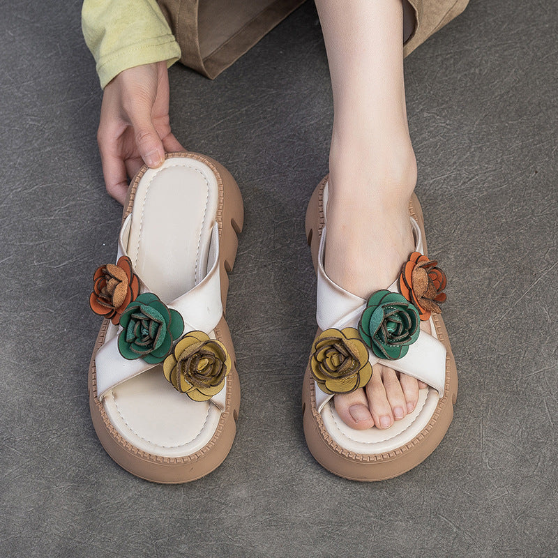 Women's Retro Leather Flower Platform Casual Slides-RAIIFY
