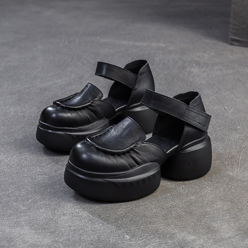 Women Retro Plain Leather Round Head Chunky Platform Sandals-RAIIFY