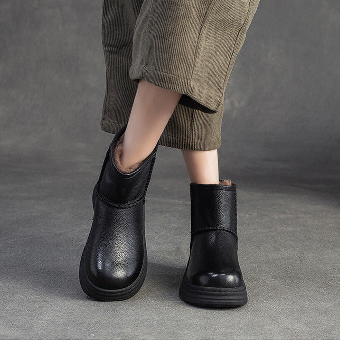 Women's Minimalist Leather Furred Slip-on Snow Boots-RAIIFY