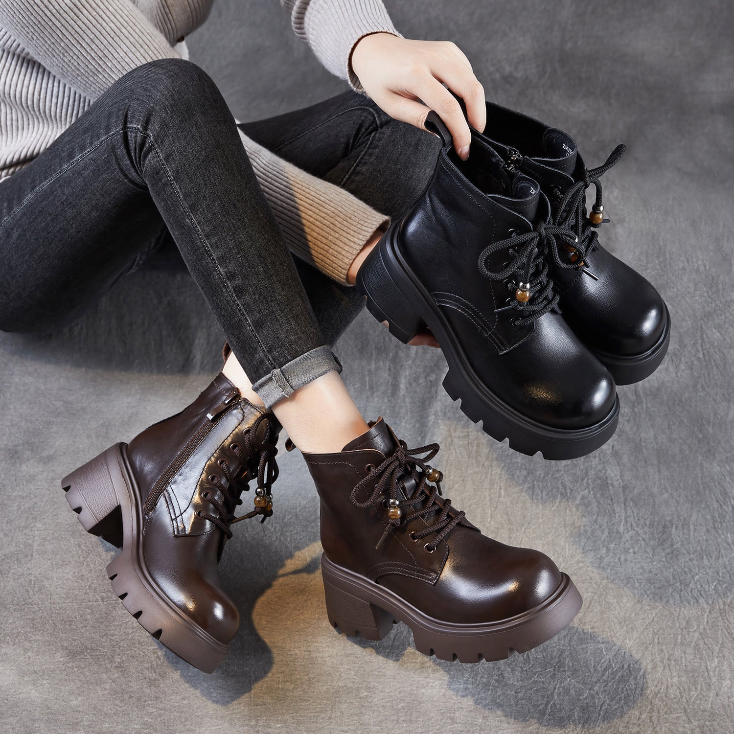 Women's Vintage Leather Chunky Heel Boots-RAIIFY