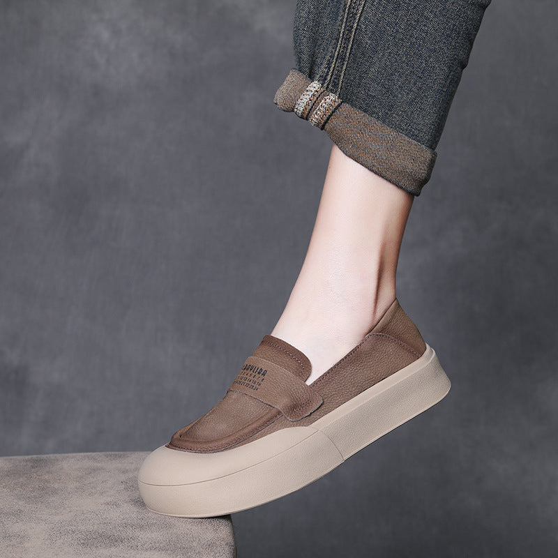 Women's Retro Plain Leather Flat Casual Loafers-RAIIFY