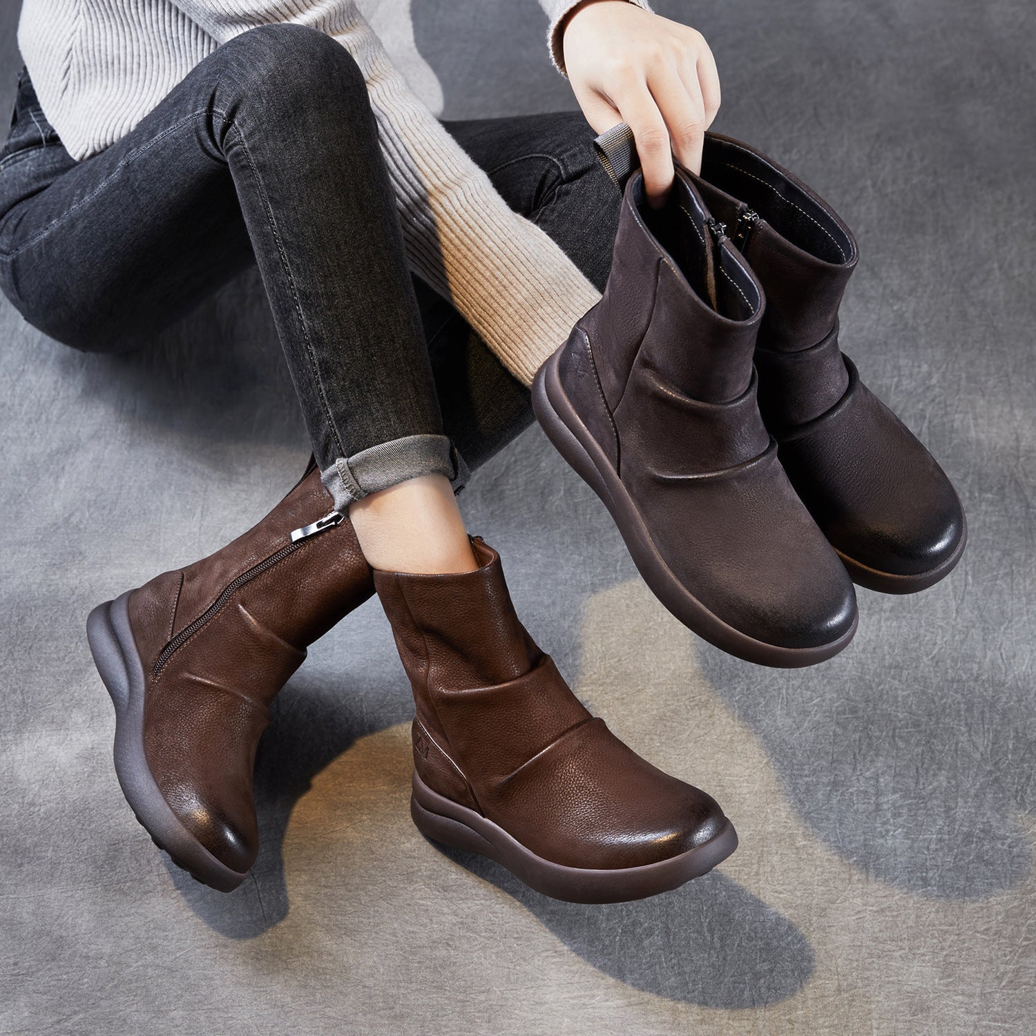 Women's Vintage Plain Leather Motorcycle Boots-RAIIFY