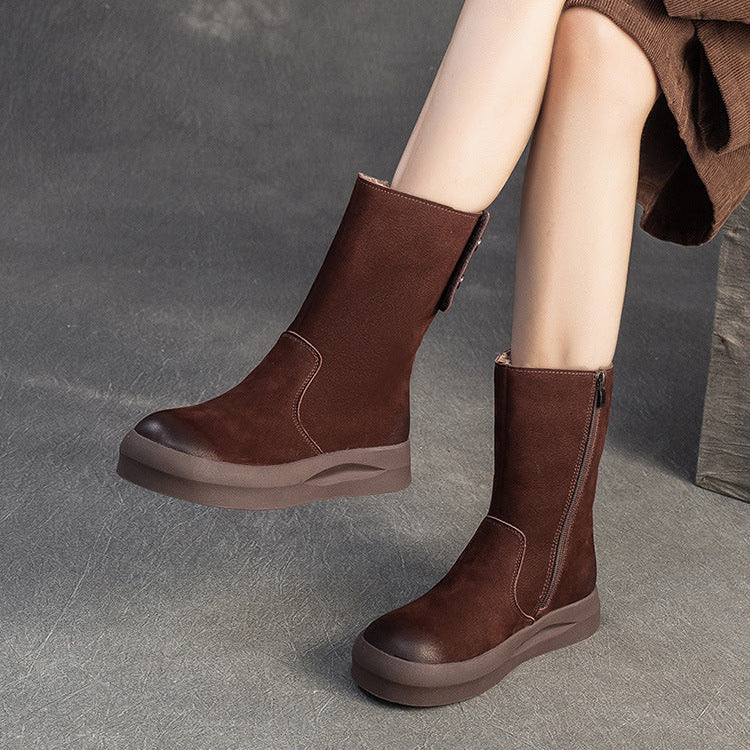 Botas de media caña de piel retro para mujer con forro polar