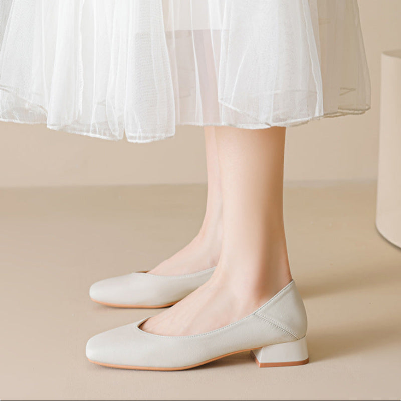 Women's Minimalist Plain Leather Chunky Heel Pumps-RAIIFY