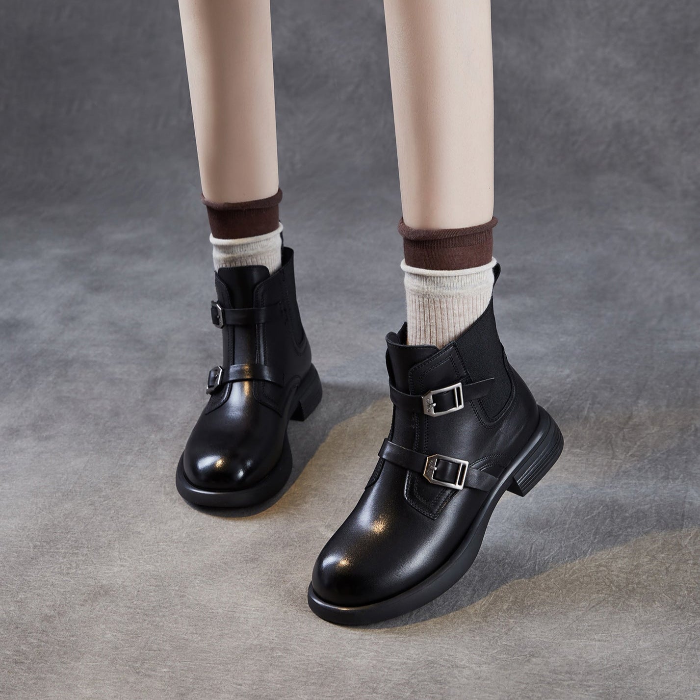 Women's Retro Buckle Leather Slip-on Ankle Boots-RAIIFY