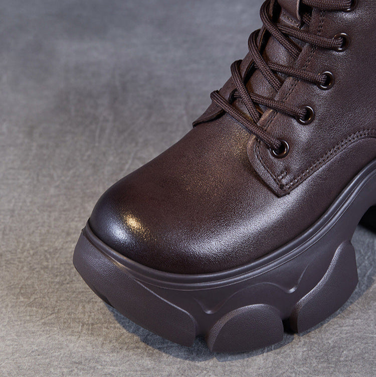 Women's Retro Plain Leather Chunky Platform Boots-RAIIFY