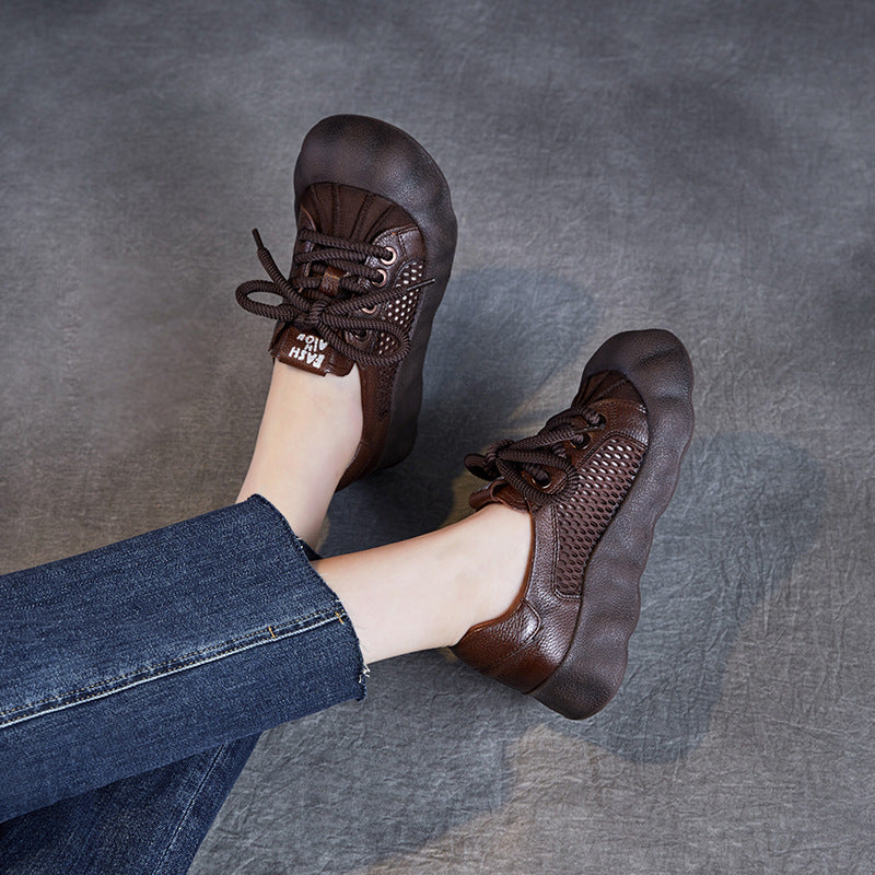 Women Vintage Leather Hollow Mesh Casual Shoes-RAIIFY