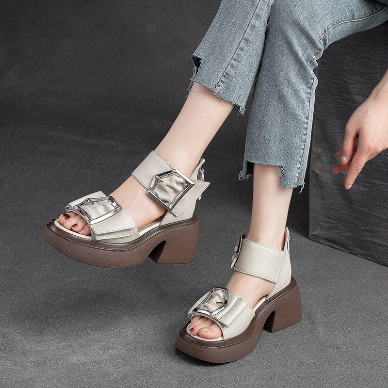 Women Summer Leather Elegant Chunky Heel Sandals-RAIIFY