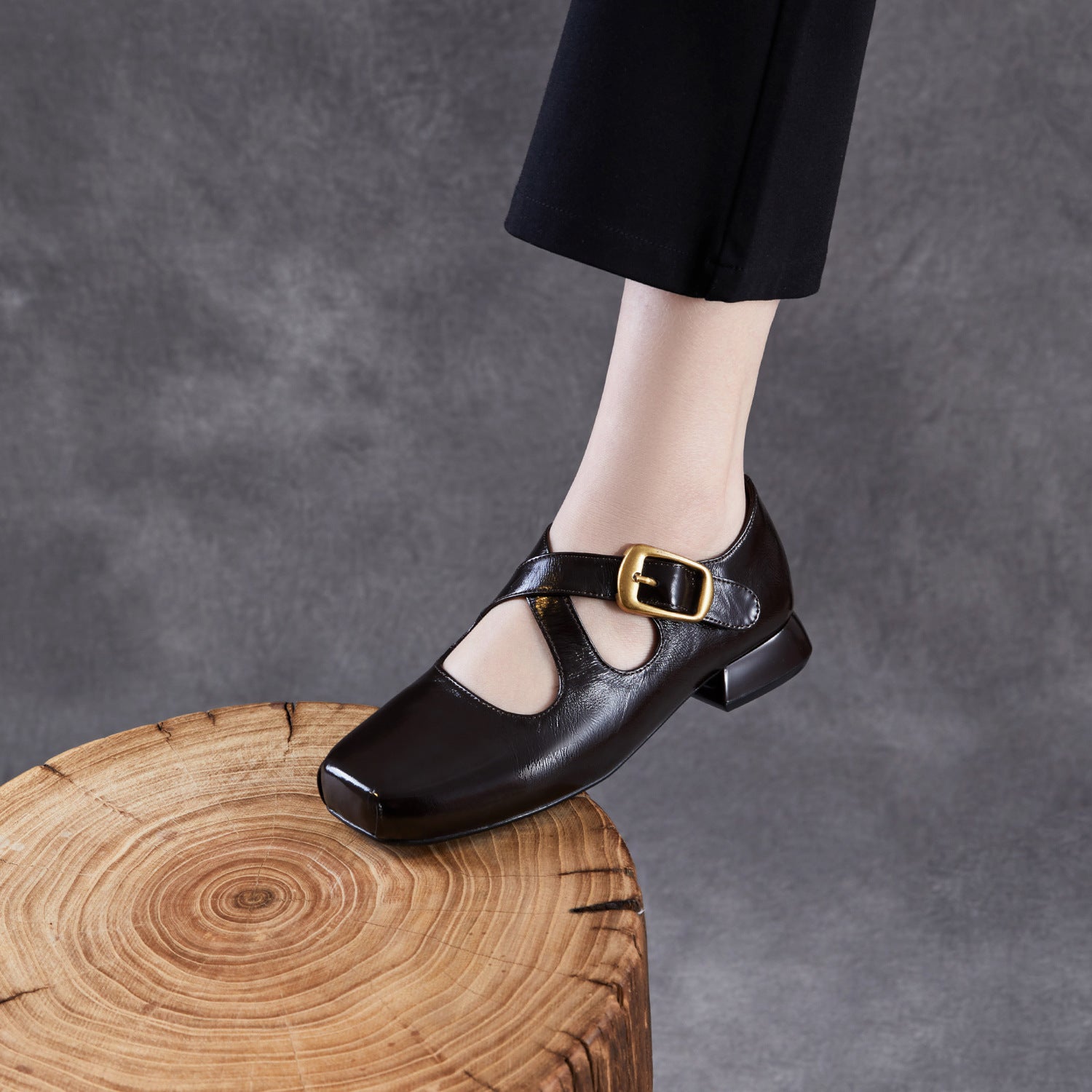 Women Genuine Leather Square Toe Low Heel Mary Jane Shoes-RAIIFY