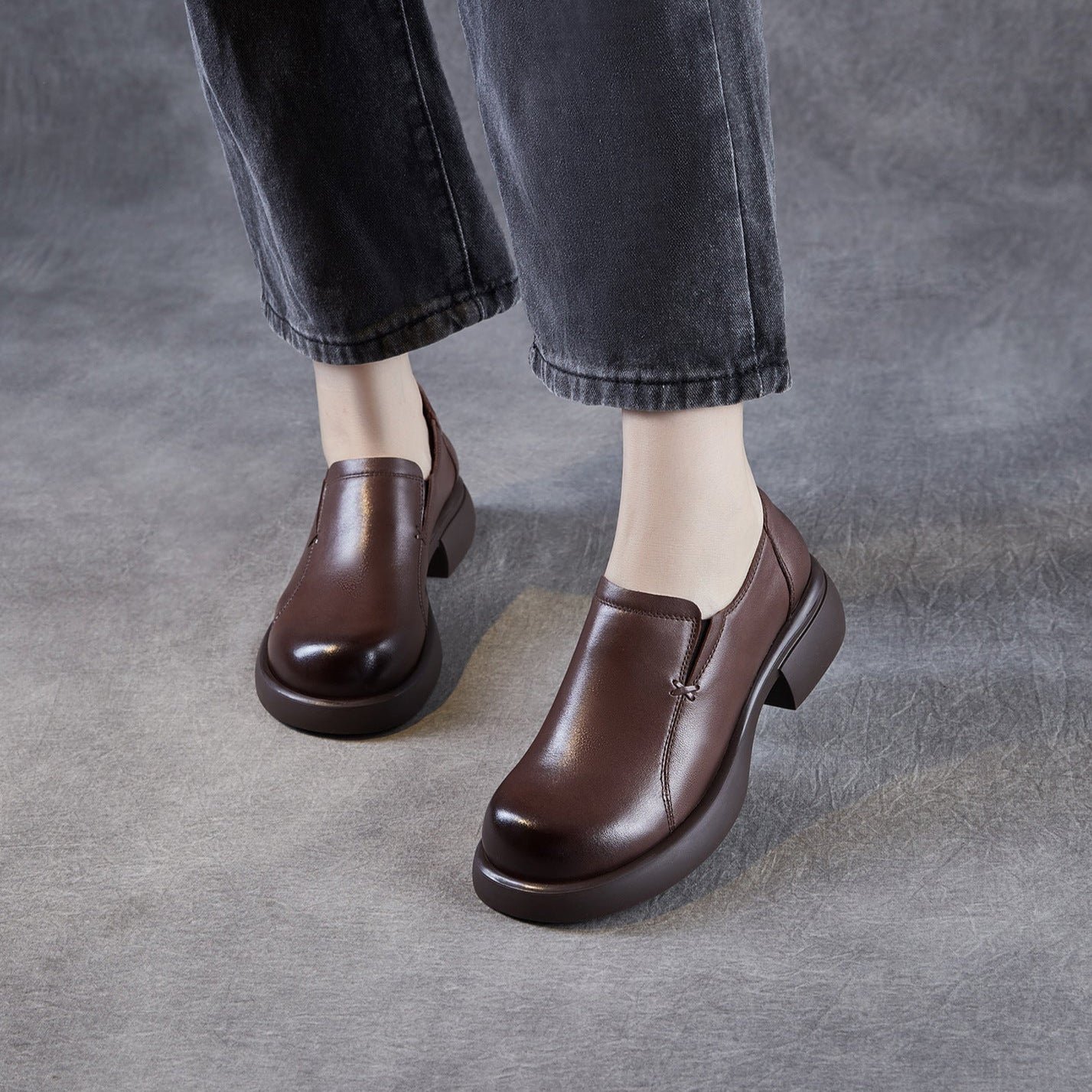 Women's Minimalist Plain Leather Thick Soled Loafers-RAIIFY