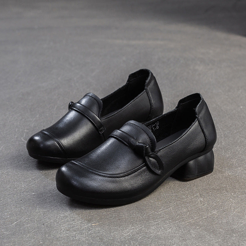 Women's Retro Plain Leather Chunky Heel Loafers-RAIIFY