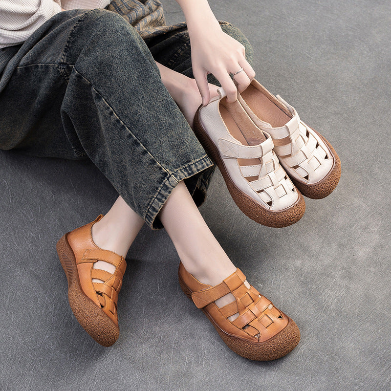 Women Retro Plaited Leather Flat Casual Sandals-RAIIFY