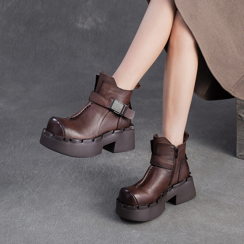 Women's Vintage Leather Buckle Platform Ankle Boots-RAIIFY