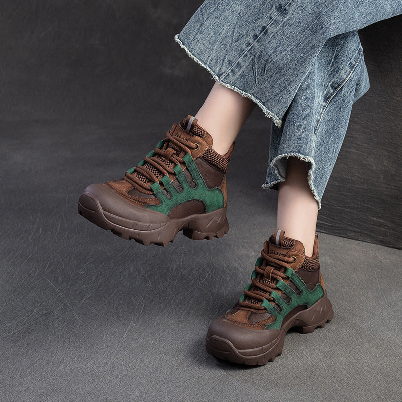 Women Fashion Color Matching Leather High Top Casual Shoes-RAIIFY