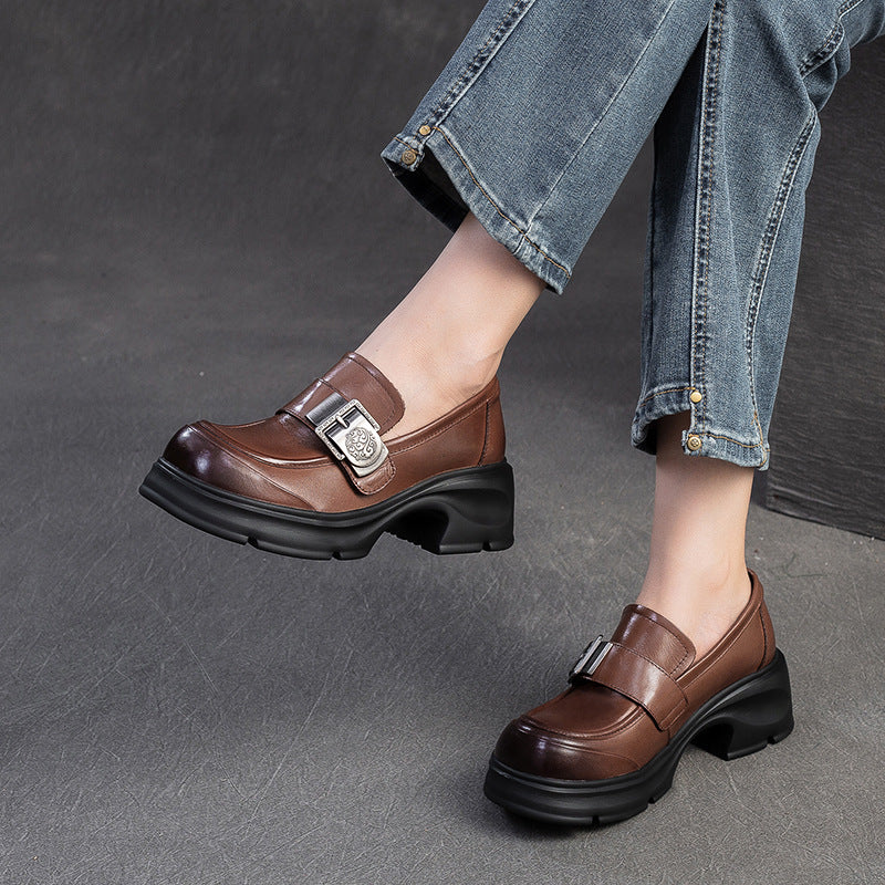 Women Retro Buckle Leather Chunky Heel Loafers-RAIIFY