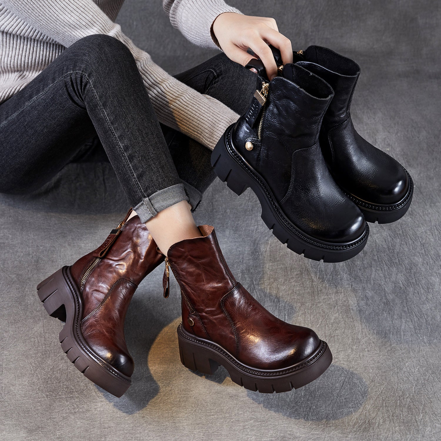 Women's Vintage Leather Chunky Platform Boots-RAIIFY