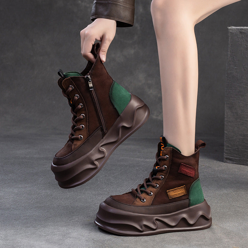 Women Retro Color Matching Leather Winter Platform Boots-RAIIFY