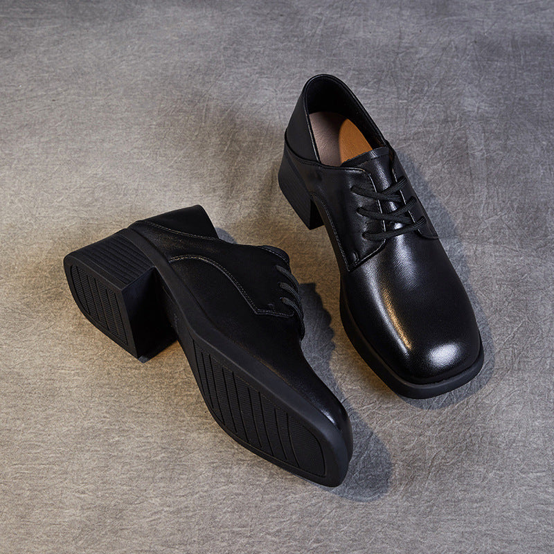 Women Minimalism Soft Sheepskin Chunky Heel Casual Shoes-RAIIFY