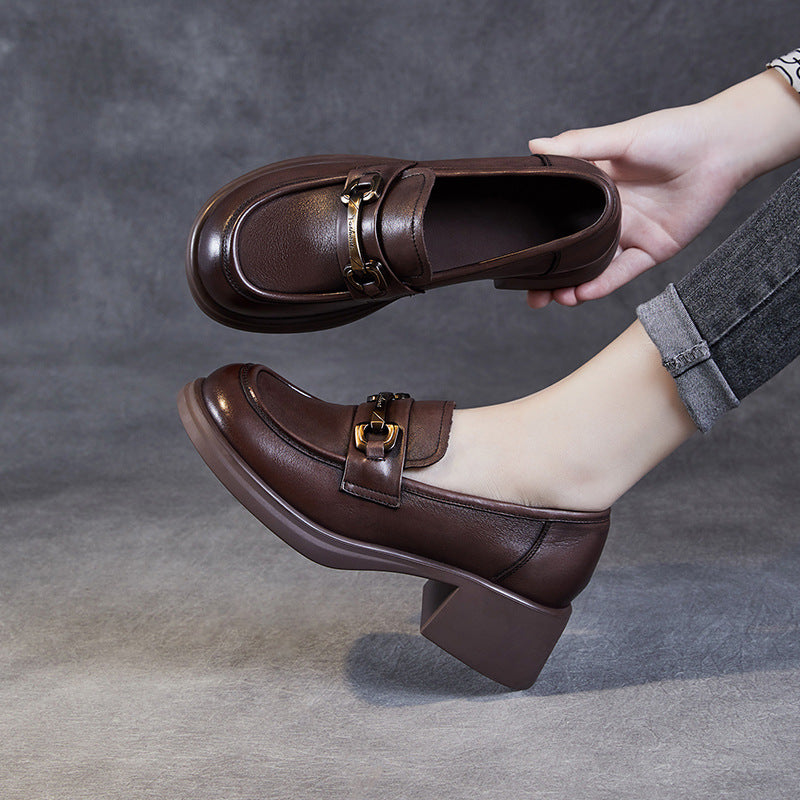 Women Retro Leather Chain Chunky Heel Loafers-RAIIFY