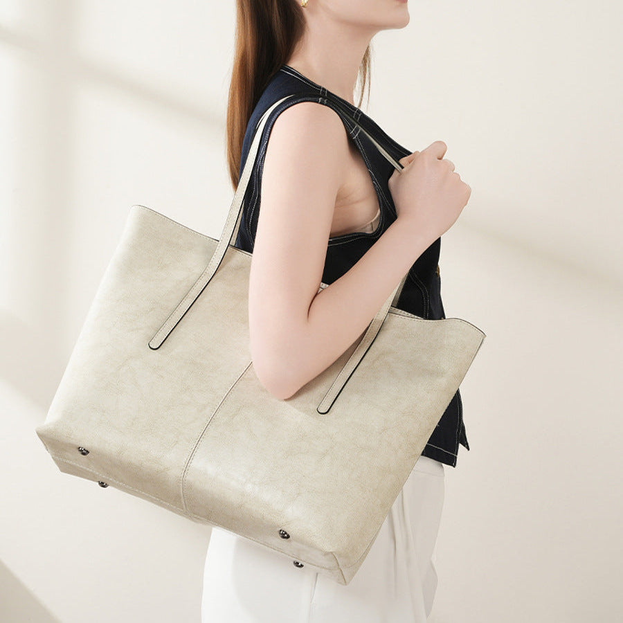 Women's Plain Leather Large Capacity Shoulder Tote Bag-RAIIFY