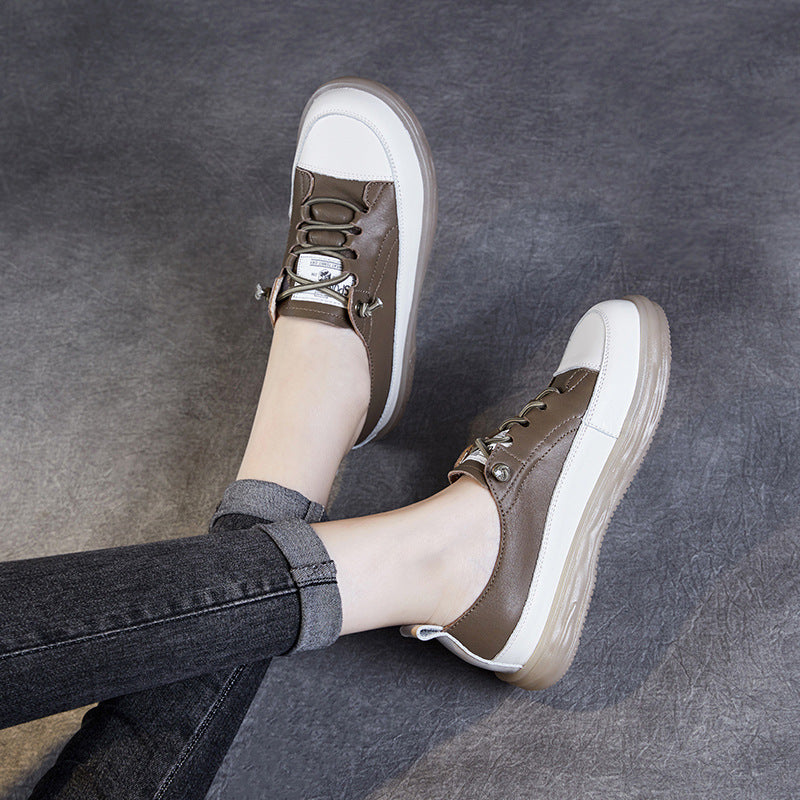 Women Leather Elastic Shoelaces Soft Flat Casual Shoes-RAIIFY