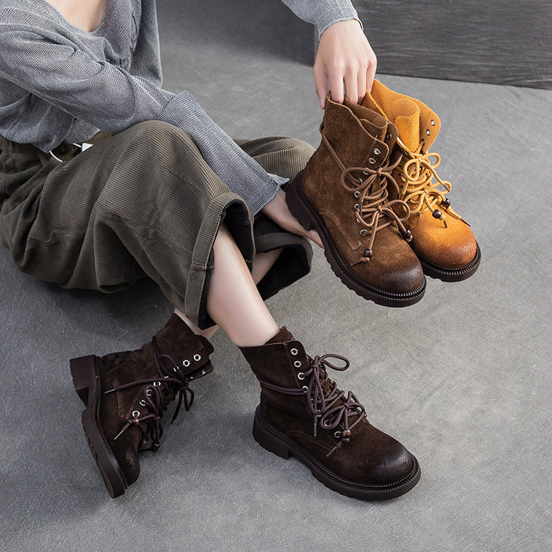 Women's Vintage Plain Leather Casual Lace-up Boots-RAIIFY