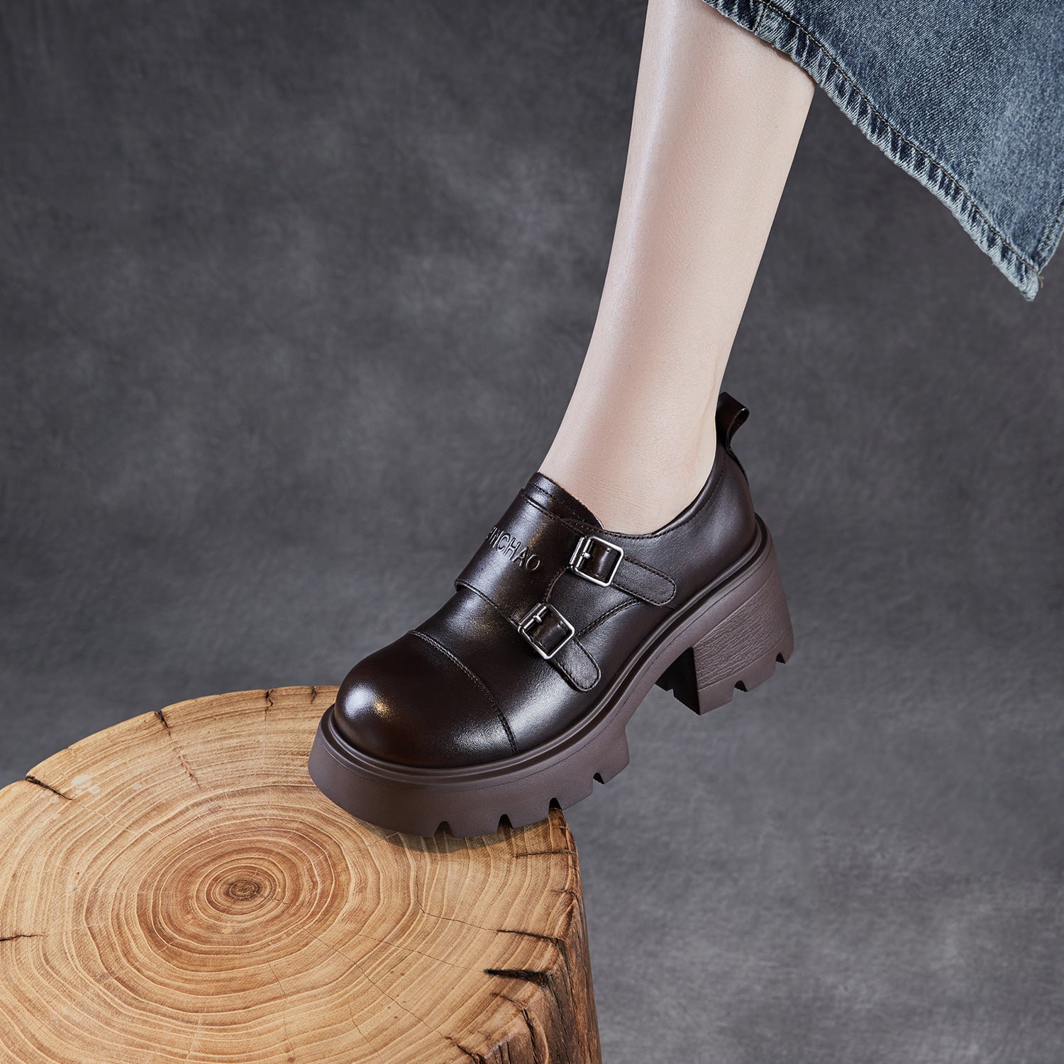 Women's Plain Leather Buckle Chunky Heel Loafers-RAIIFY