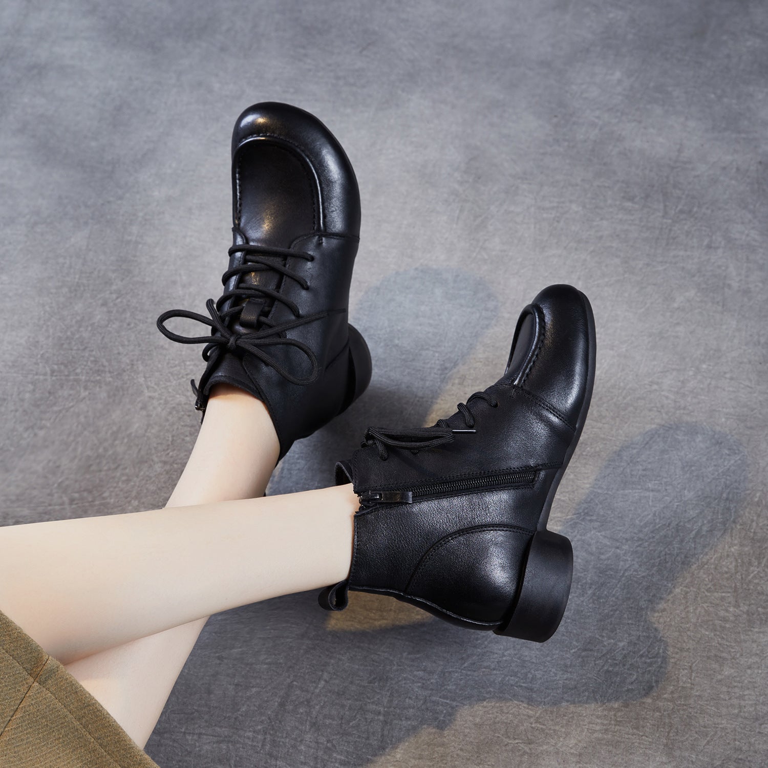 Women's Retro Leather Low Block Ankle Boots-RAIIFY