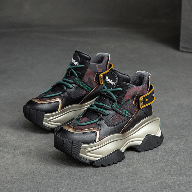 Women Retro Fashion Leather Chunky Platform Dad Shoes-RAIIFY