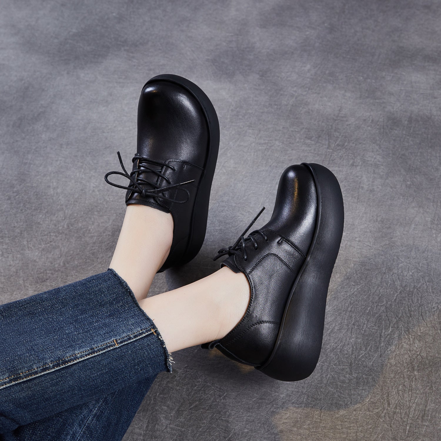 Women Genuine Leather Platform Round Toe Retro Comfort Loafers-RAIIFY