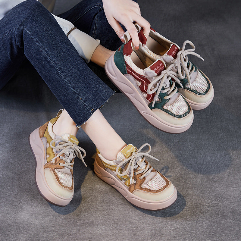 Women Fashion Patchwork Leather Mesh Flat Sneakers-RAIIFY