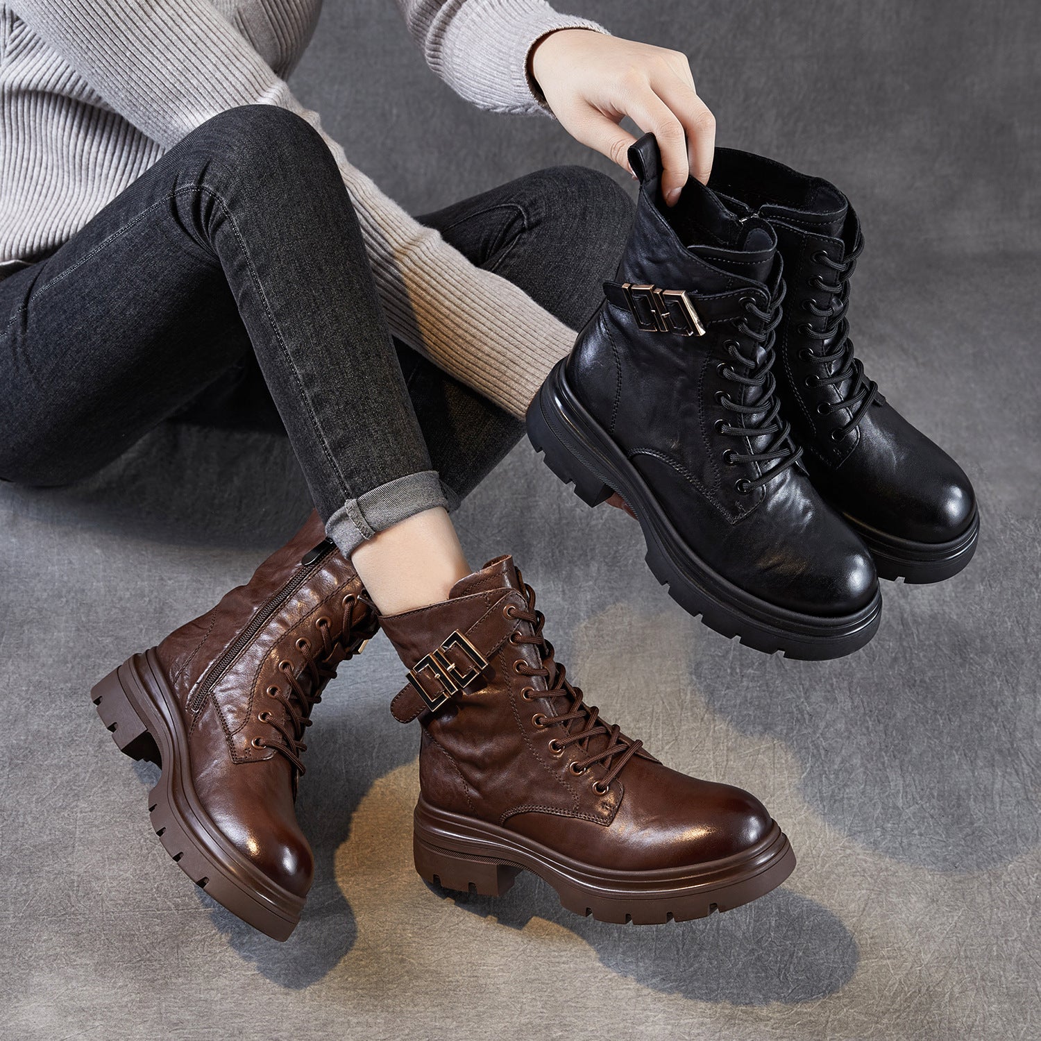 Women's Vintage Leather Winter Motorcycle Boots-RAIIFY