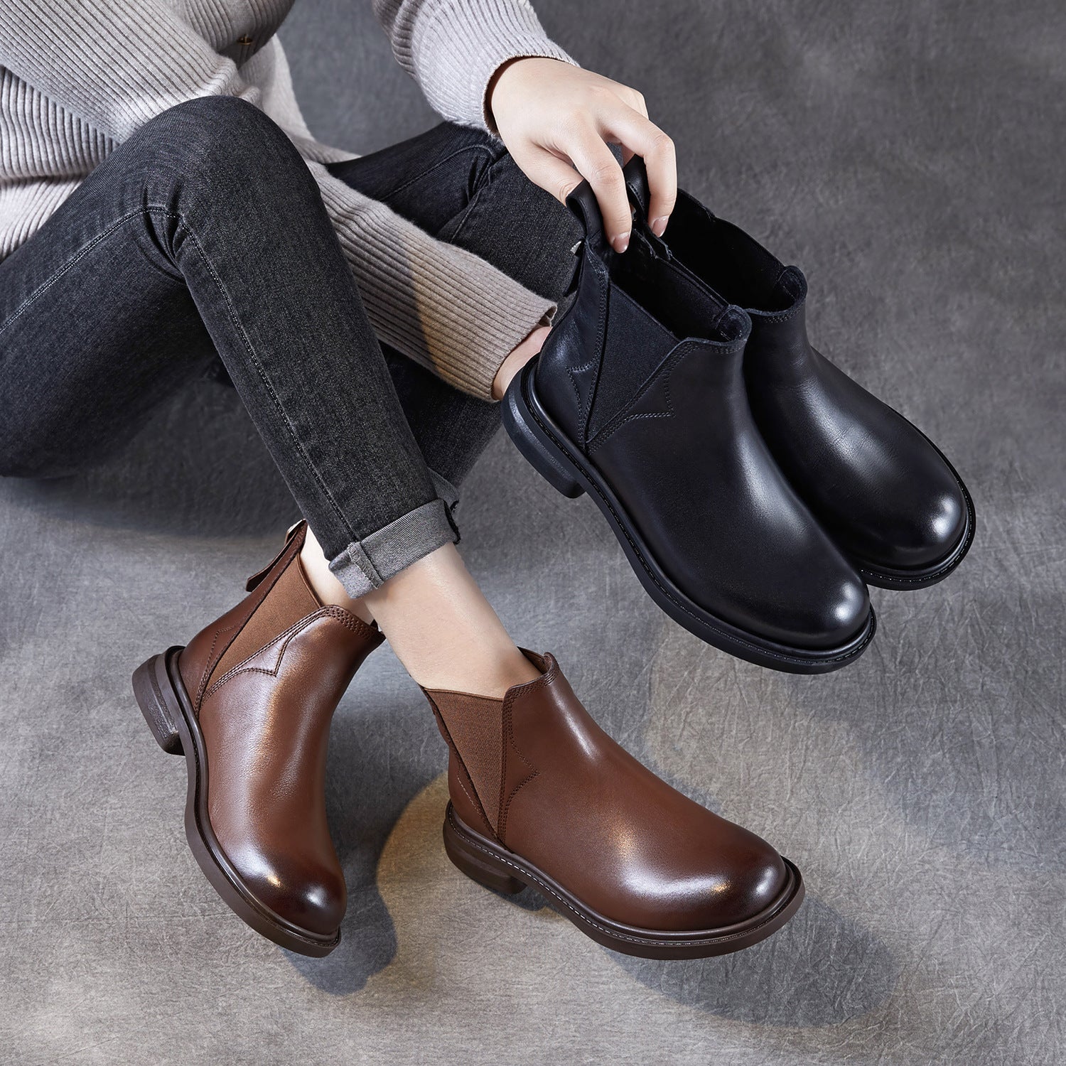 Women's Vintage Leather Slip-on Ankle Boots-RAIIFY