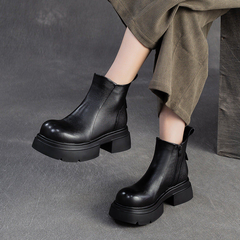 Women's Minimalist Plain Leather Platform Ankle Boots-RAIIFY