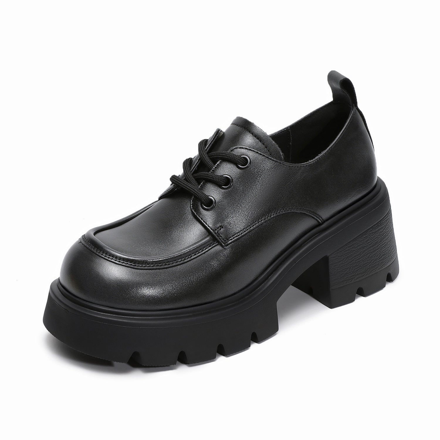 Women's Leather Lace-up Chunky Heel Loafers-RAIIFY