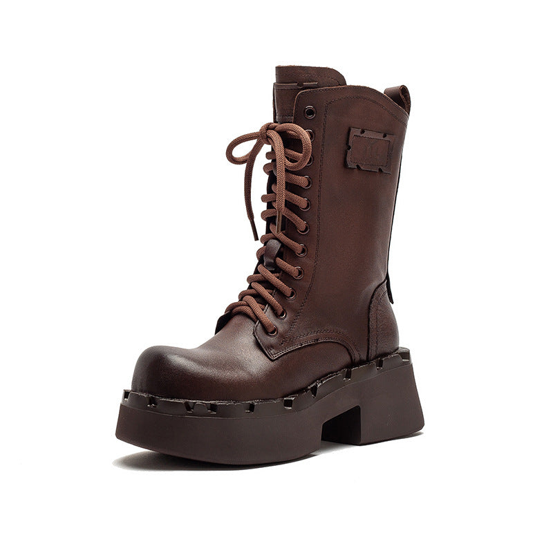 Women's Plain Leather Comfort Platform Riding Boots-RAIIFY