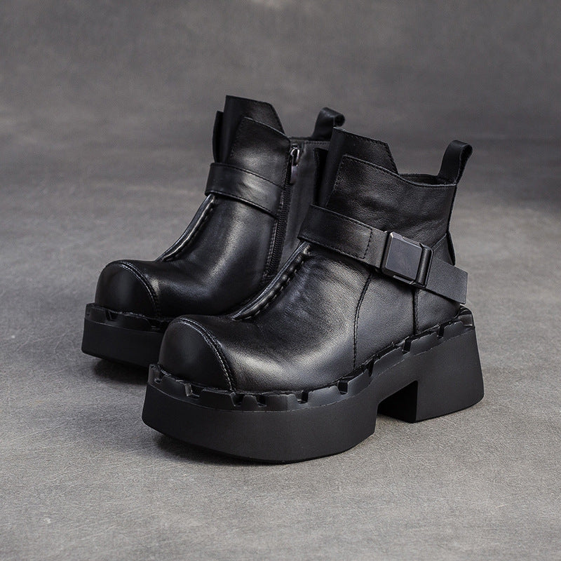 Women's Vintage Leather Buckle Platform Ankle Boots-RAIIFY