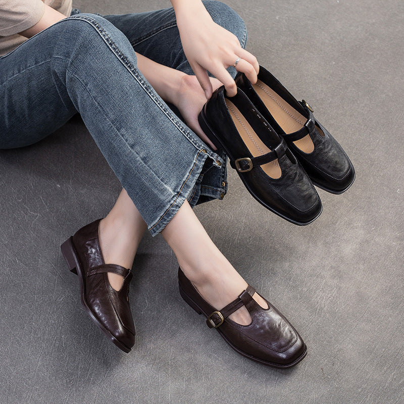 Women T-Strap Retro Leather Casual Loafers-RAIIFY